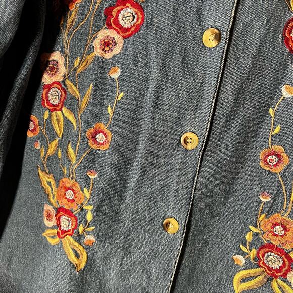 Vintage Floral Embroidered Cotton Country Denim Overshirt Button-Down Top, M - Picture 5 of 11
